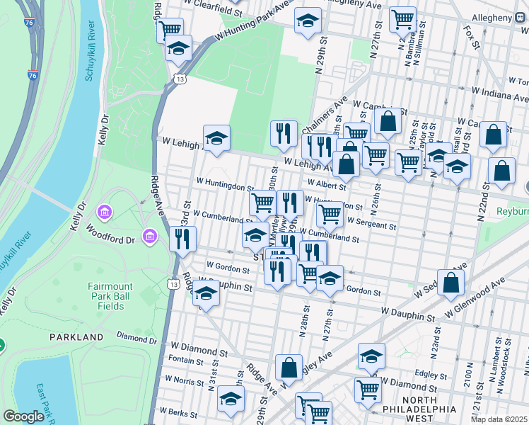 map of restaurants, bars, coffee shops, grocery stores, and more near 2522 N 30th St in Philadelphia