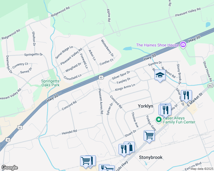 map of restaurants, bars, coffee shops, grocery stores, and more near 3805 Silver Spur Drive in York