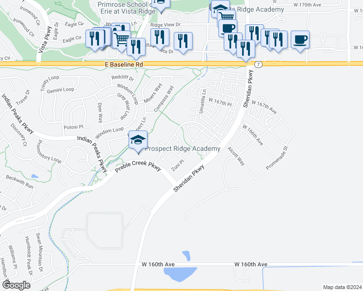 map of restaurants, bars, coffee shops, grocery stores, and more near West 165th Lane in Broomfield