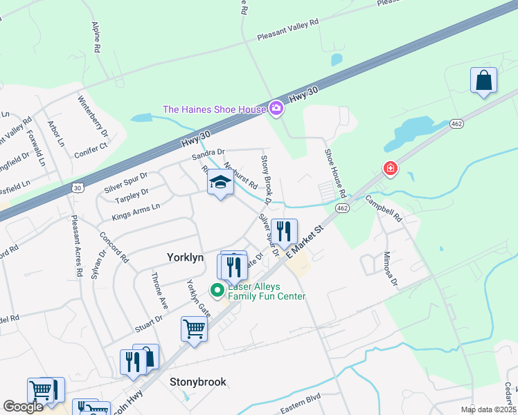 map of restaurants, bars, coffee shops, grocery stores, and more near 201 Silver Spur Drive in York