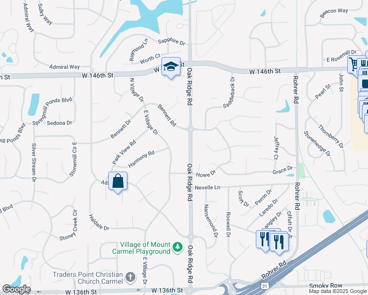 map of restaurants, bars, coffee shops, grocery stores, and more near 14340 Oak Ridge Road in Carmel