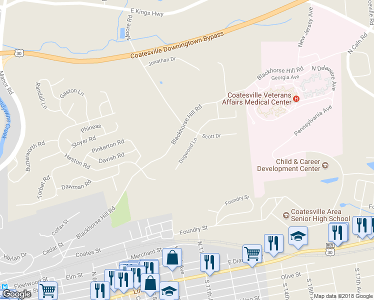 map of restaurants, bars, coffee shops, grocery stores, and more near 420 Dogwood Lane in Coatesville