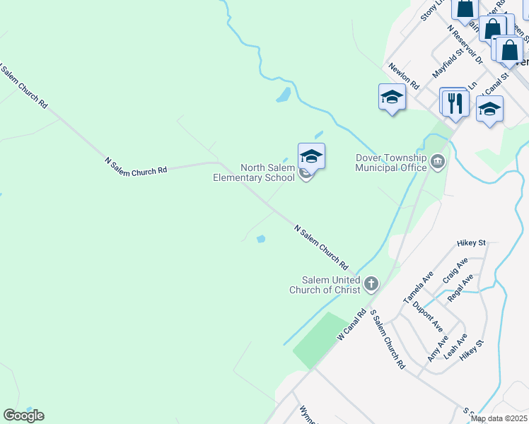 map of restaurants, bars, coffee shops, grocery stores, and more near 5160 N Salem Church Rd in Dover