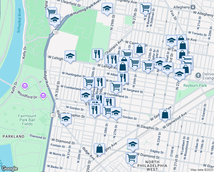 map of restaurants, bars, coffee shops, grocery stores, and more near 2541 North Dover Street in Philadelphia