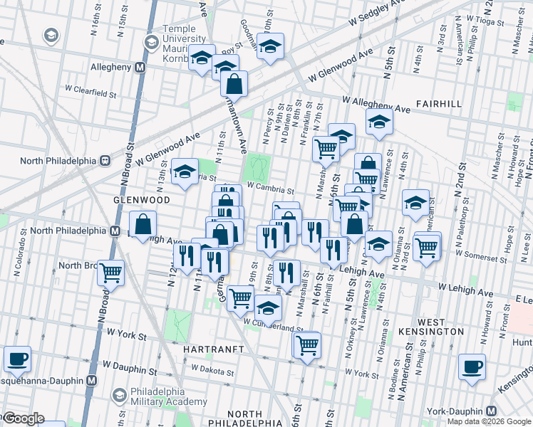 map of restaurants, bars, coffee shops, grocery stores, and more near 2801 North 9th Street in Philadelphia