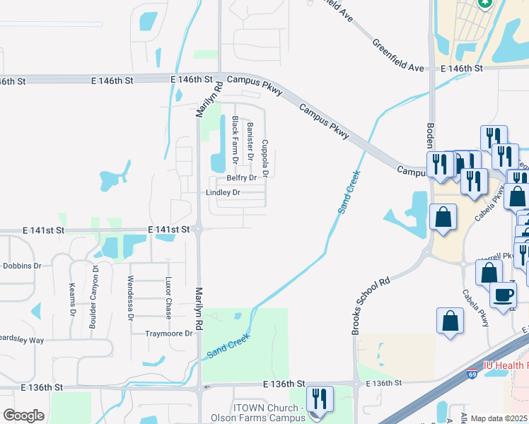 map of restaurants, bars, coffee shops, grocery stores, and more near 12261 Maize Drive in Noblesville