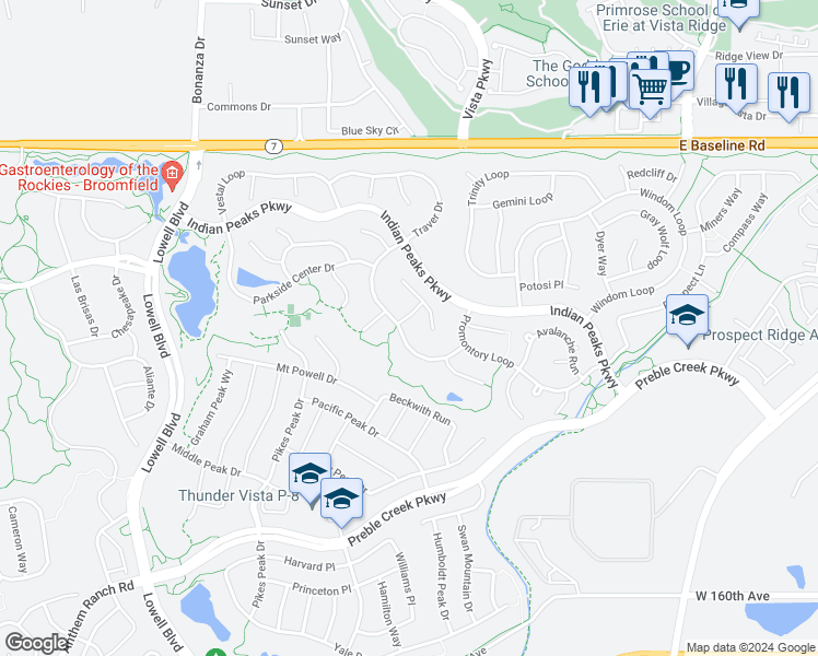 map of restaurants, bars, coffee shops, grocery stores, and more near 3255 Alexander Way in Broomfield