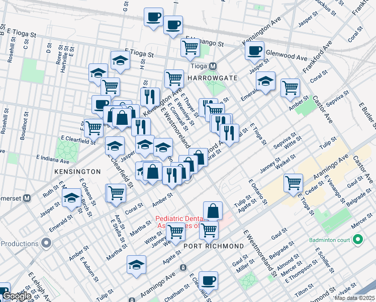 map of restaurants, bars, coffee shops, grocery stores, and more near 2032 East Westmoreland Street in Philadelphia