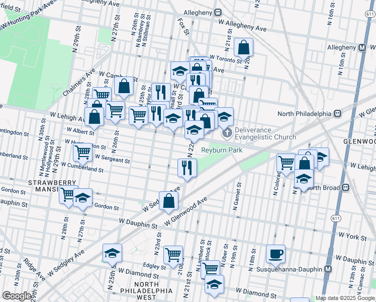 map of restaurants, bars, coffee shops, grocery stores, and more near 2624 North 22nd Street in Philadelphia