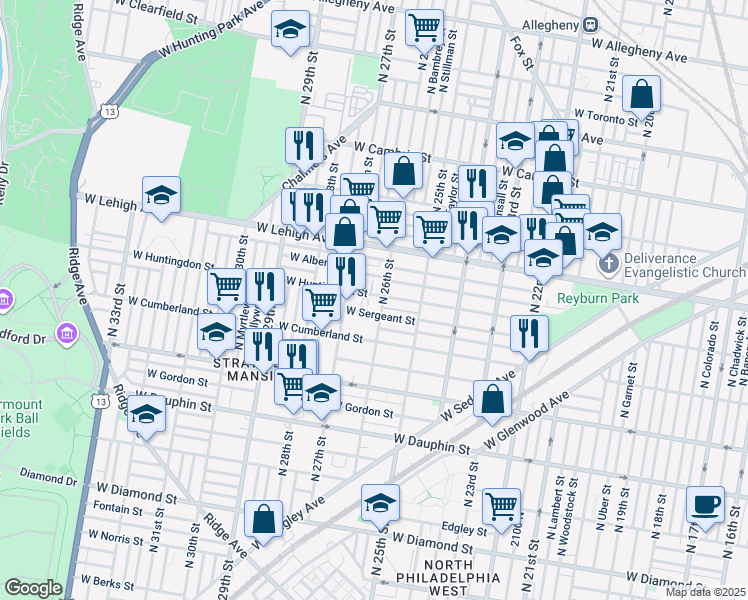 map of restaurants, bars, coffee shops, grocery stores, and more near 2608 West Huntingdon Street in Philadelphia