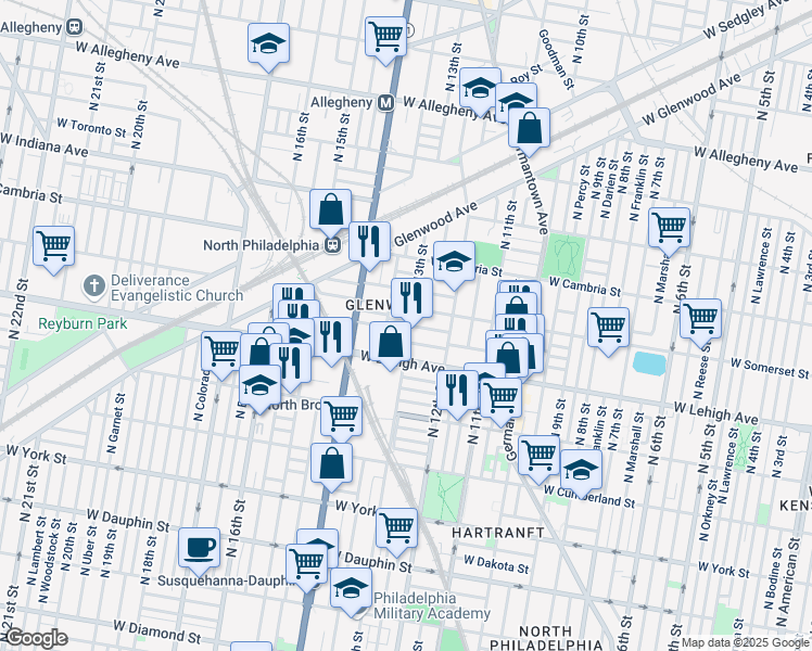 map of restaurants, bars, coffee shops, grocery stores, and more near 1302 West Seltzer Street in Philadelphia