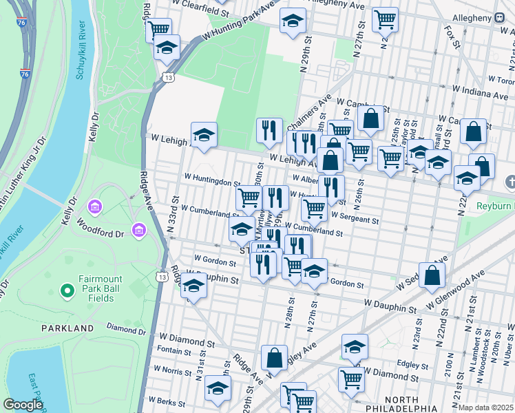 map of restaurants, bars, coffee shops, grocery stores, and more near 2518 North Hollywood Street in Philadelphia