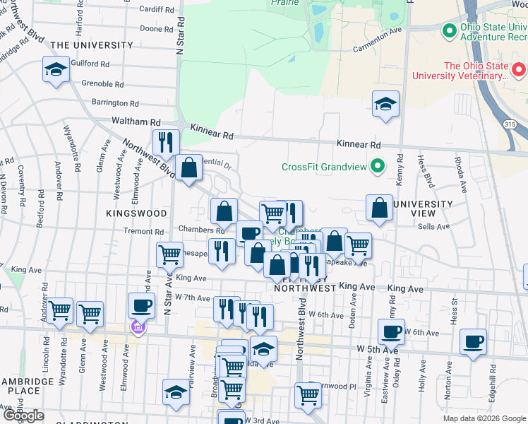 map of restaurants, bars, coffee shops, grocery stores, and more near Lafayette Place in Columbus