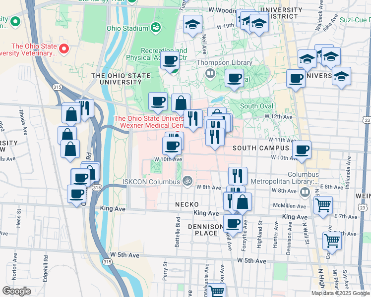map of restaurants, bars, coffee shops, grocery stores, and more near 376 West 10th Avenue in Columbus