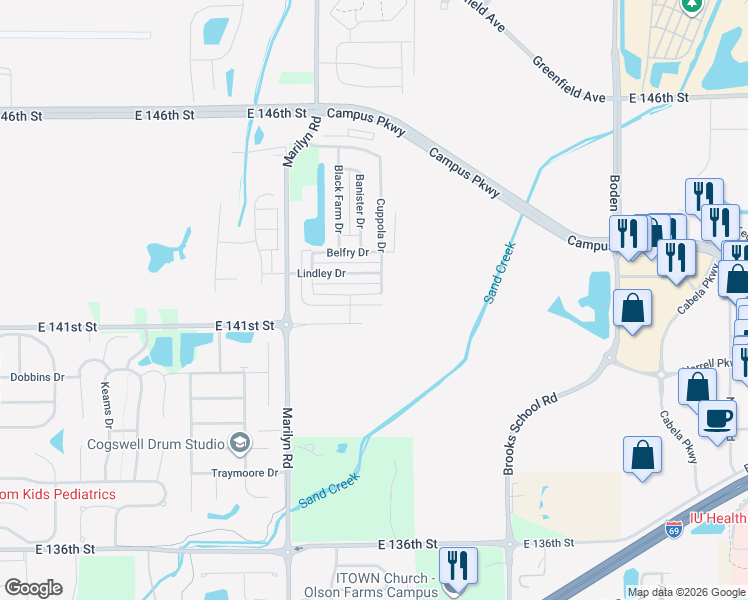 map of restaurants, bars, coffee shops, grocery stores, and more near 12247 Maize Drive in Noblesville