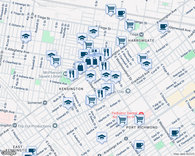 map of restaurants, bars, coffee shops, grocery stores, and more near 1860 East Lippincott Street in Philadelphia