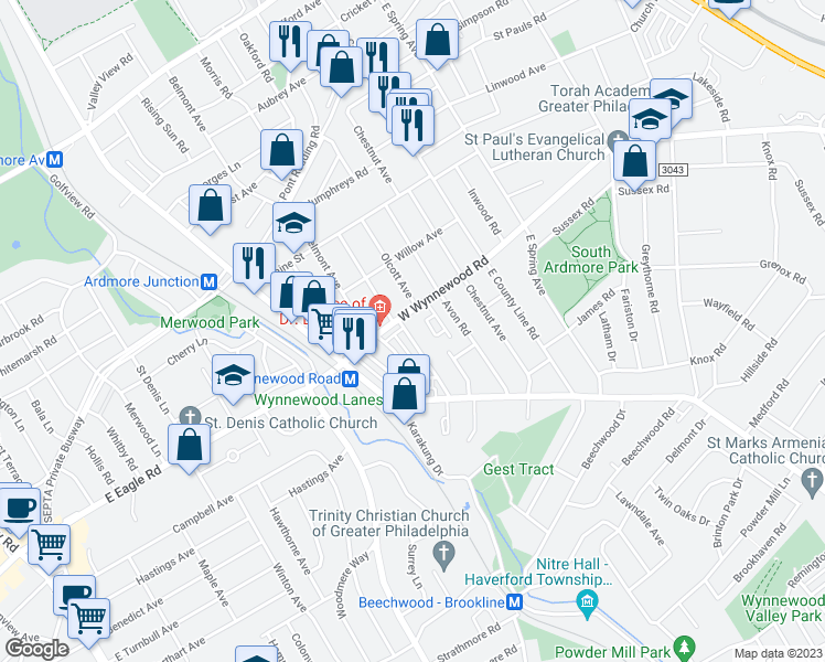 map of restaurants, bars, coffee shops, grocery stores, and more near 2315 Bryn Mawr Avenue in Ardmore