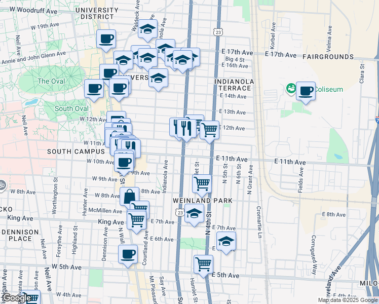 map of restaurants, bars, coffee shops, grocery stores, and more near 218 East 11th Avenue in Columbus