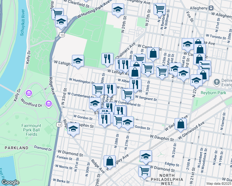 map of restaurants, bars, coffee shops, grocery stores, and more near 2538 North Dover Street in Philadelphia