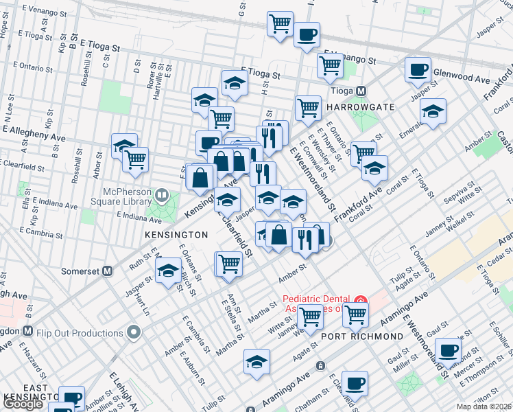 map of restaurants, bars, coffee shops, grocery stores, and more near Jasper St & E Wishart St in Philadelphia