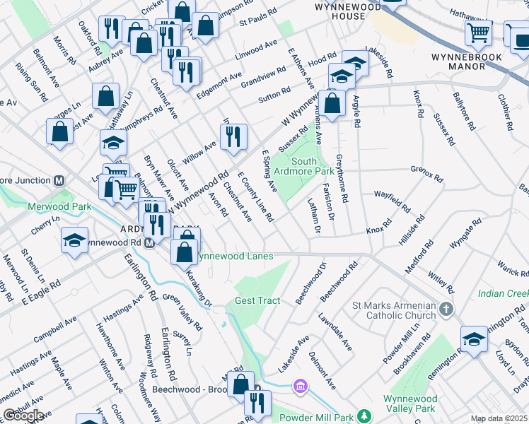 map of restaurants, bars, coffee shops, grocery stores, and more near 2138 East County Line Road in Ardmore