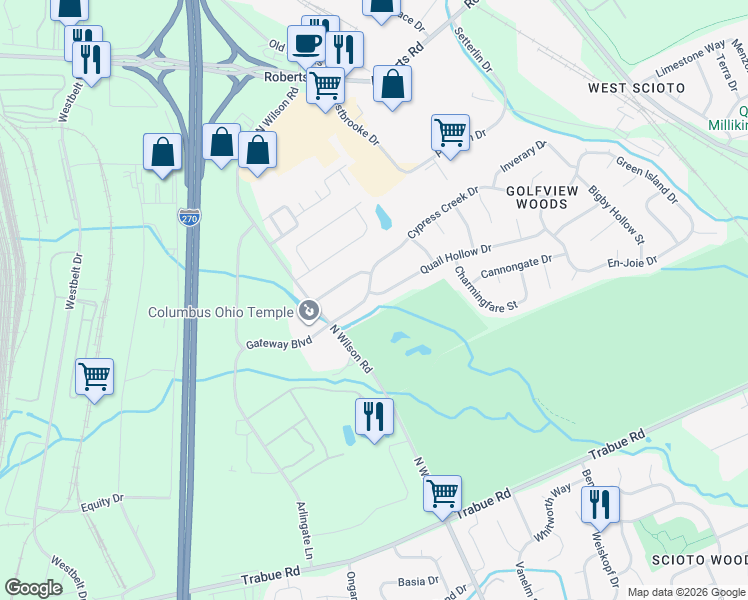 map of restaurants, bars, coffee shops, grocery stores, and more near 3935 Cypress Creek Drive in Columbus