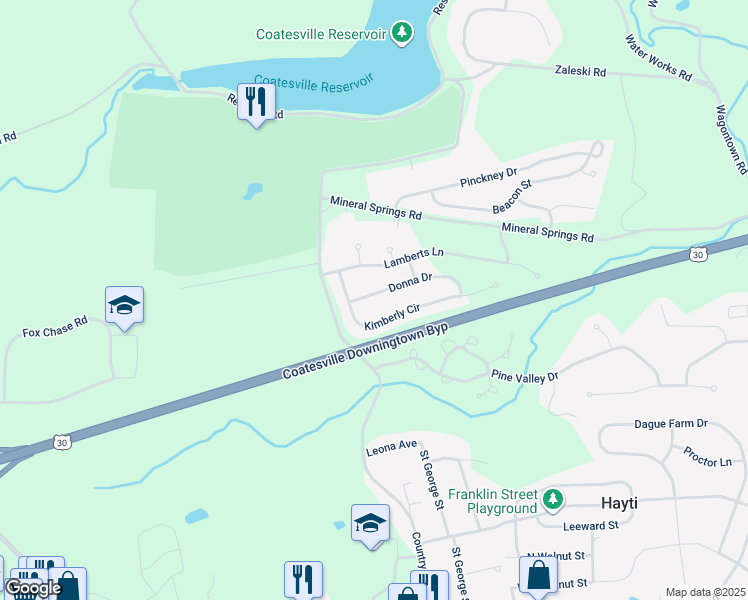 map of restaurants, bars, coffee shops, grocery stores, and more near 5 Donna Drive in Coatesville