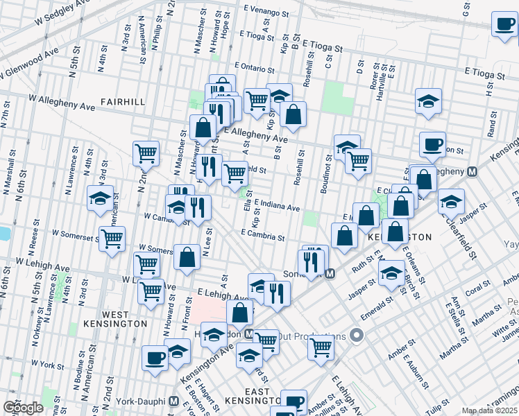 map of restaurants, bars, coffee shops, grocery stores, and more near 2957 Kip Street in Philadelphia