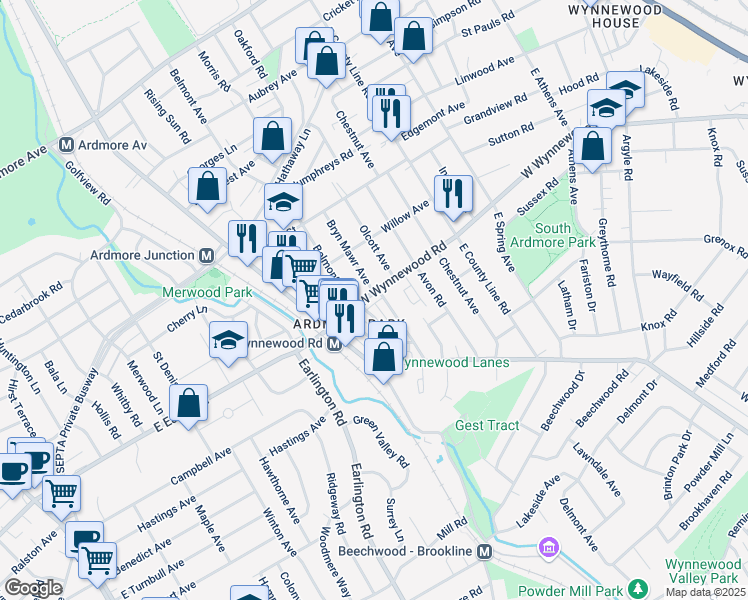 map of restaurants, bars, coffee shops, grocery stores, and more near 641 Wynnewood Road in Ardmore