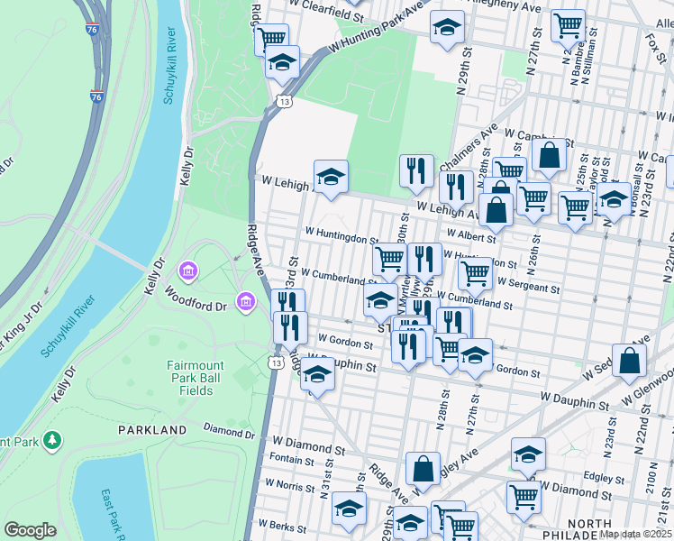 map of restaurants, bars, coffee shops, grocery stores, and more near 2510 North Patton Street in Philadelphia