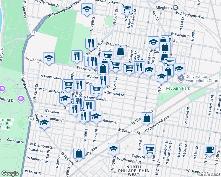 map of restaurants, bars, coffee shops, grocery stores, and more near 2612 West Huntingdon Street in Philadelphia