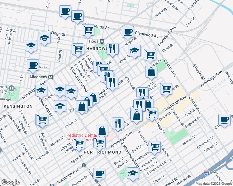 map of restaurants, bars, coffee shops, grocery stores, and more near 2110 East Ontario Street in Philadelphia