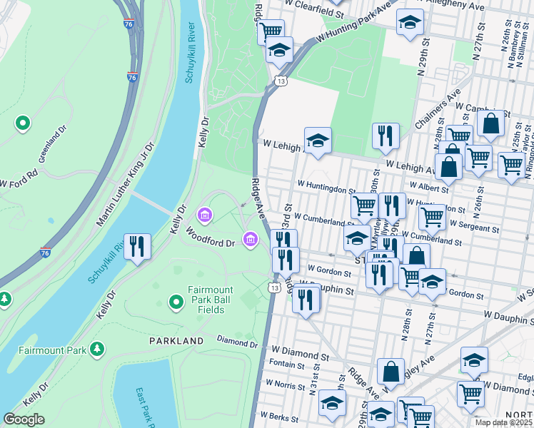 map of restaurants, bars, coffee shops, grocery stores, and more near 3369 Ridge Avenue in Philadelphia