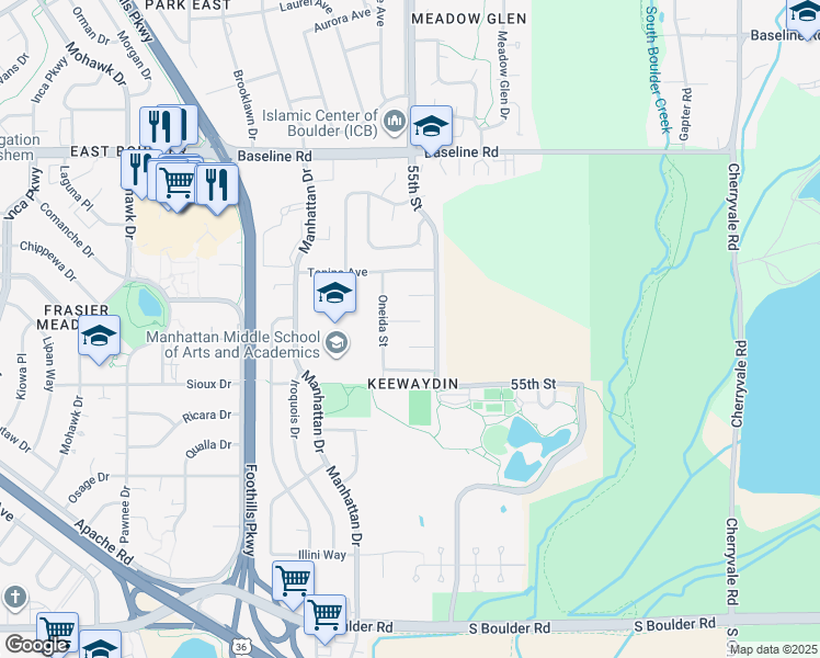map of restaurants, bars, coffee shops, grocery stores, and more near 5483 Pueblo Place in Boulder
