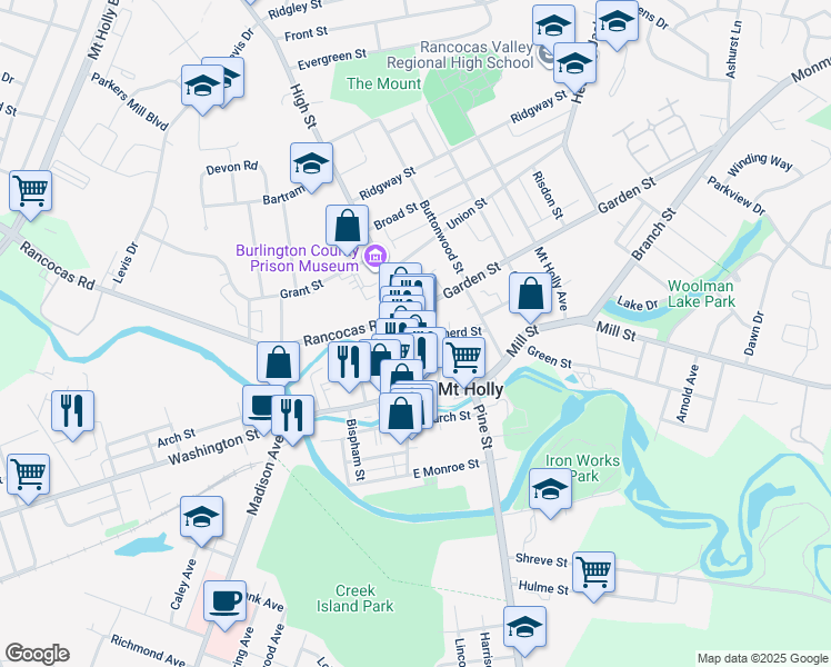 map of restaurants, bars, coffee shops, grocery stores, and more near in Burlington County