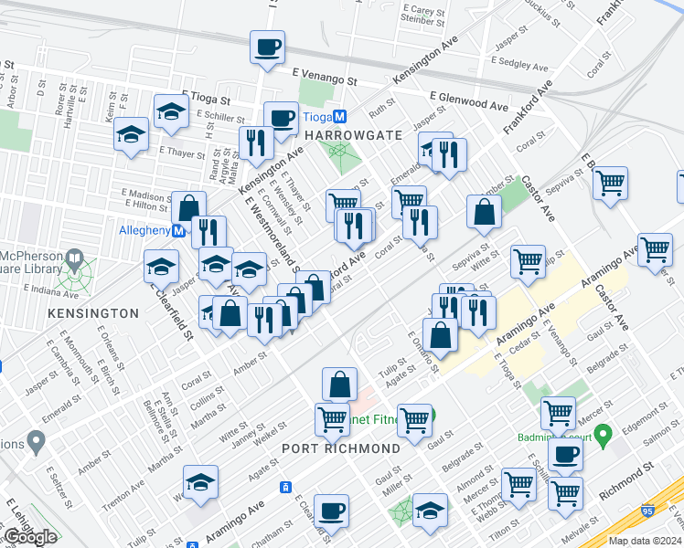 map of restaurants, bars, coffee shops, grocery stores, and more near 3333 Frankford Avenue in Philadelphia