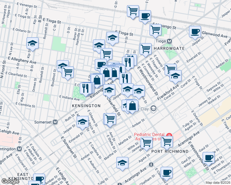 map of restaurants, bars, coffee shops, grocery stores, and more near 1860 East Clementine Street in Philadelphia