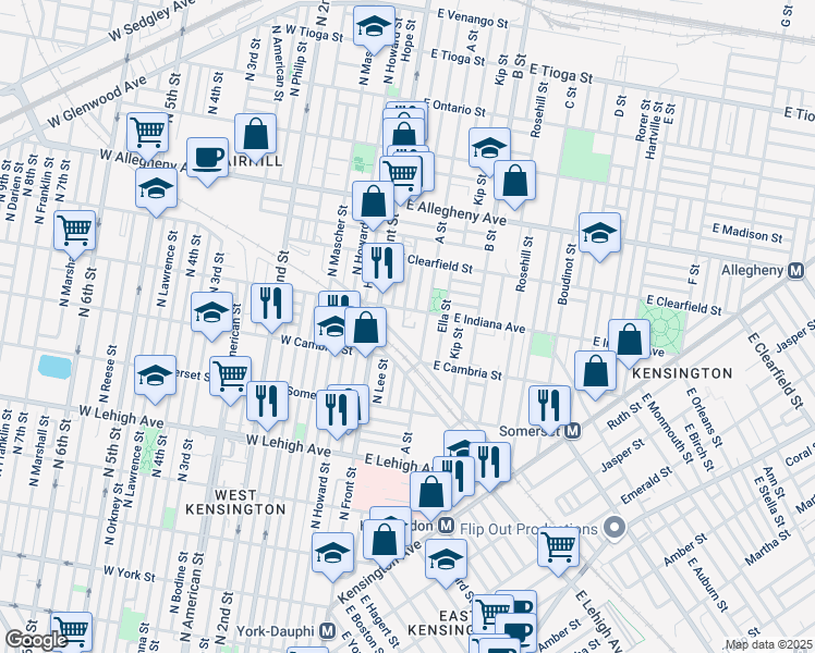 map of restaurants, bars, coffee shops, grocery stores, and more near 118-60 East Indiana Avenue in Philadelphia