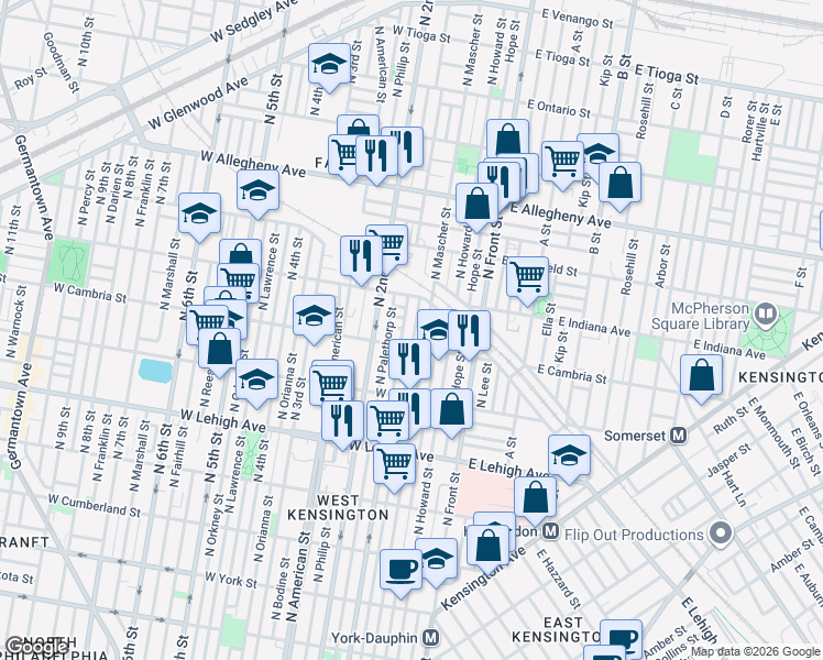 map of restaurants, bars, coffee shops, grocery stores, and more near 2911 North Mascher Street in Philadelphia