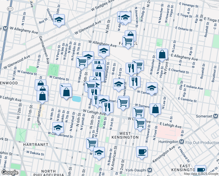 map of restaurants, bars, coffee shops, grocery stores, and more near 402 West Cambria Street in Philadelphia