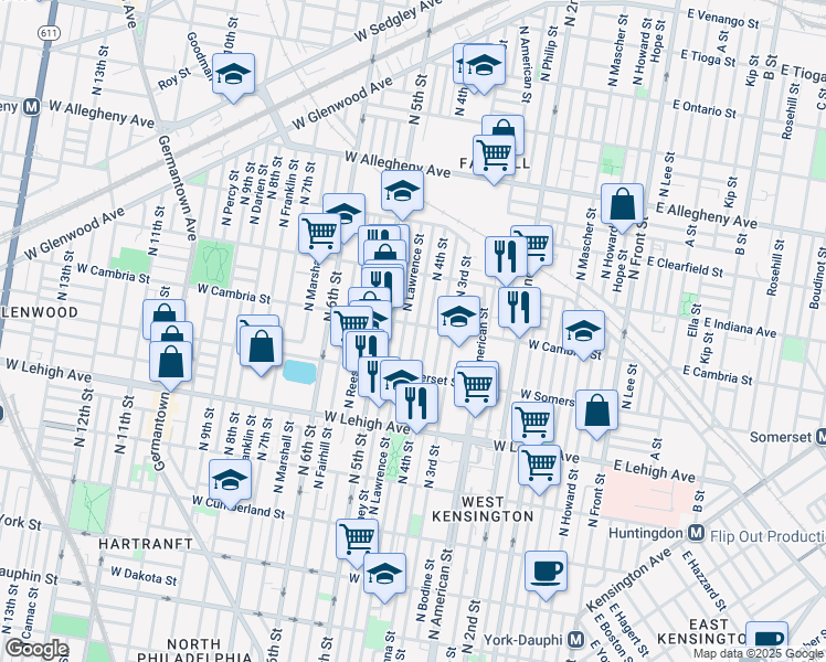 map of restaurants, bars, coffee shops, grocery stores, and more near 2870 North Leithgow Street in Philadelphia