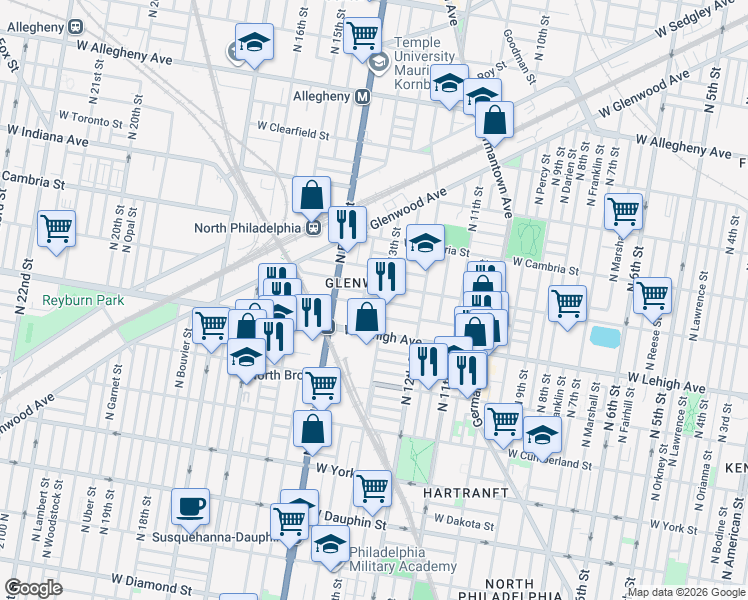 map of restaurants, bars, coffee shops, grocery stores, and more near 2727 North Park Avenue in Philadelphia
