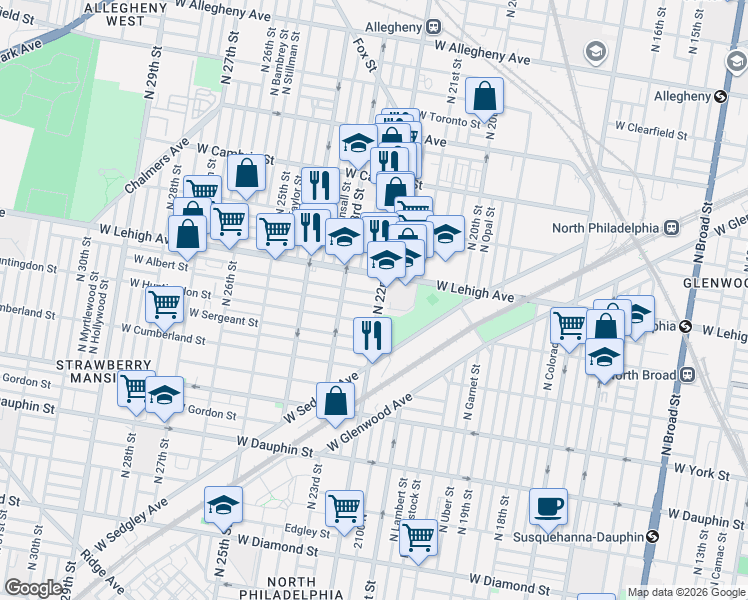 map of restaurants, bars, coffee shops, grocery stores, and more near 2618 North 22nd Street in Philadelphia