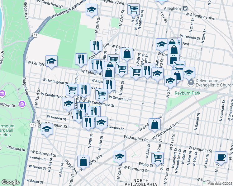 map of restaurants, bars, coffee shops, grocery stores, and more near 2612 West Huntingdon Street in Philadelphia