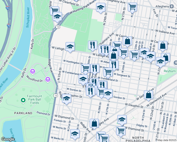 map of restaurants, bars, coffee shops, grocery stores, and more near 2518 North Hollywood Street in Philadelphia