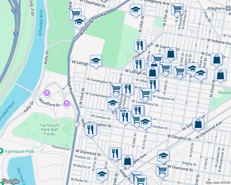 map of restaurants, bars, coffee shops, grocery stores, and more near 2506 North Corlies Street in Philadelphia
