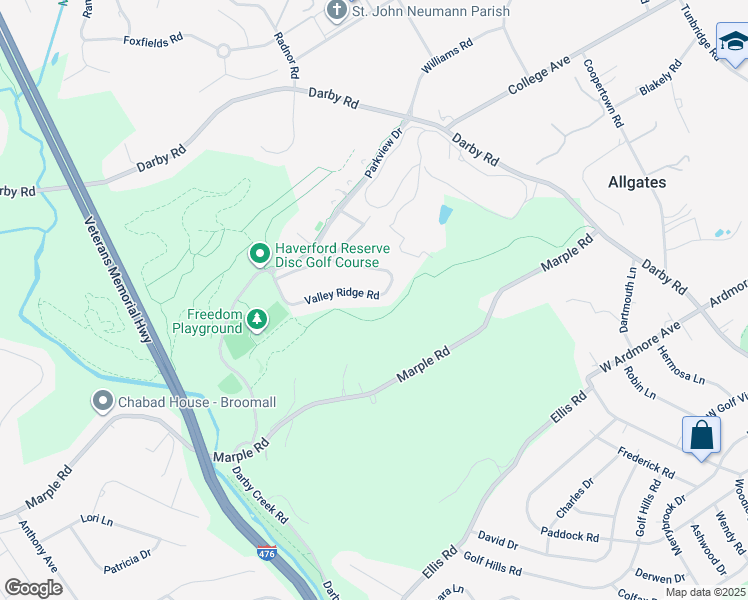 map of restaurants, bars, coffee shops, grocery stores, and more near 234 Valley Ridge Road in Haverford