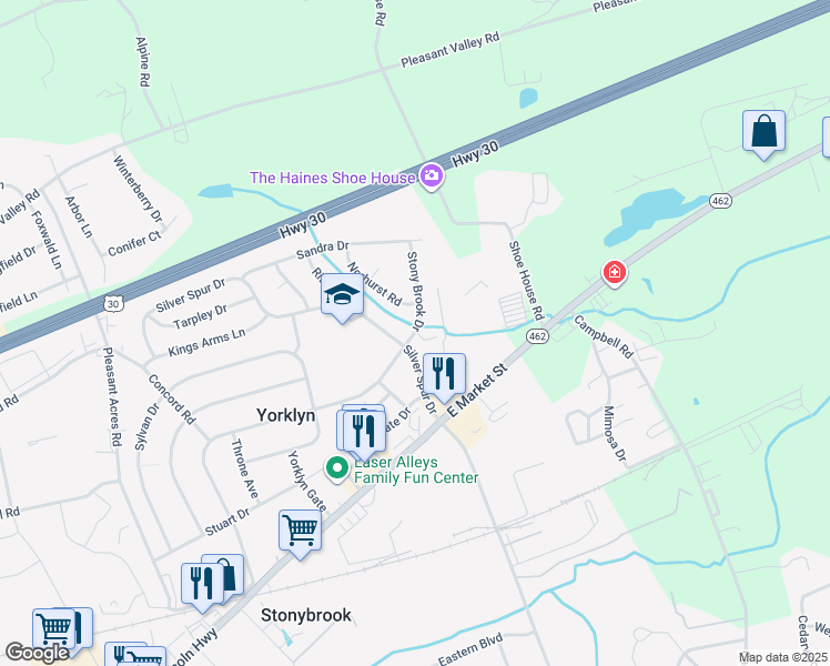 map of restaurants, bars, coffee shops, grocery stores, and more near 201 Silver Spur Drive in York