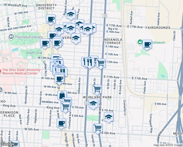 map of restaurants, bars, coffee shops, grocery stores, and more near 218 East 11th Avenue in Columbus