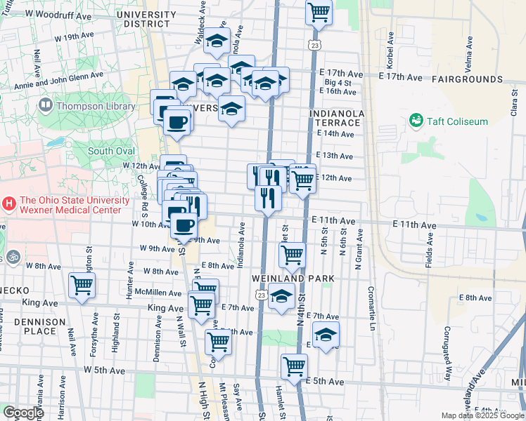 map of restaurants, bars, coffee shops, grocery stores, and more near 218 East 11th Avenue in Columbus